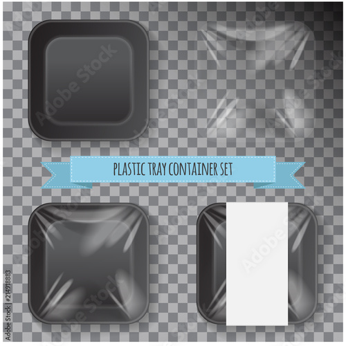 Set of Black Square Styrofoam Plastic Food Tray Container. Vector Mock Up Template