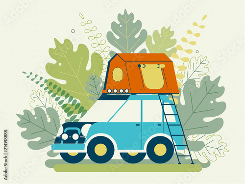 Summer camping. Аuto camping tents. Tent on the roof of the car. Flat design.
