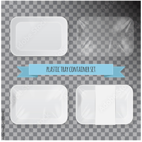 Set of White Rectangle Styrofoam Plastic Food Tray Container. Vector Mock Up Template