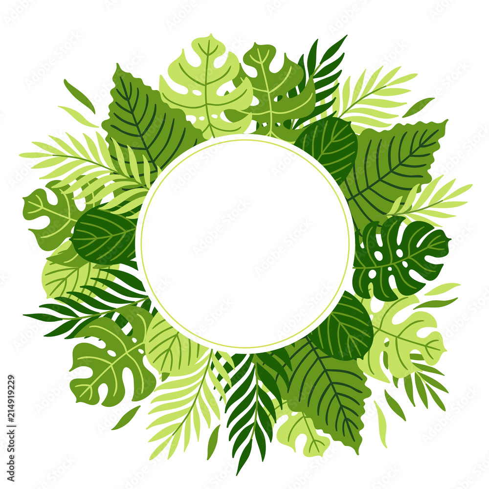 Summer greeting card with palm, monstera, tropical leaves Summer greeting card with palm, monstera, tropical leaves