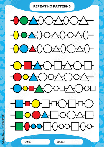 Complete repeating patterns. Worksheet for preschool kids. Practicing motor skills, improving skills tasks. Complete the pattern. Color beads. Blue background. Square, circle, oval, triangle