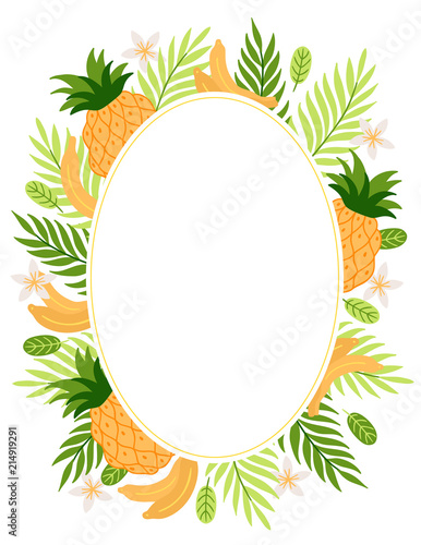 Summer greeting card with pineapple, bananas, palm leaves, plumeria