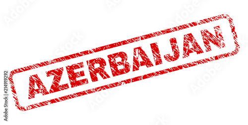 AZERBAIJAN stamp seal print with grunge style. Red vector rubber print of AZERBAIJAN caption with grunge texture. Text caption is placed inside rounded rectangle frame.