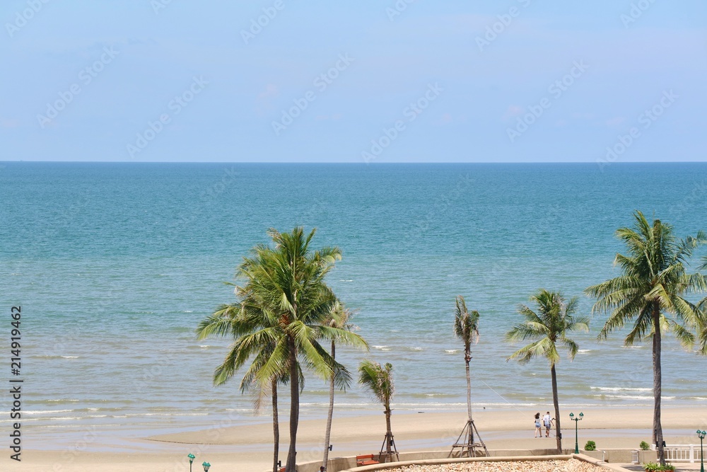 Beautiful view of the sea with the coconut trees, beach, blue sky and white clouds in summer time. Nature concept. 