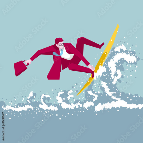 Businessman surfing. Businessman in a red suit,the background is blue.