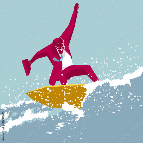 Businessman surfing. Businessman in a red suit,the background is blue.