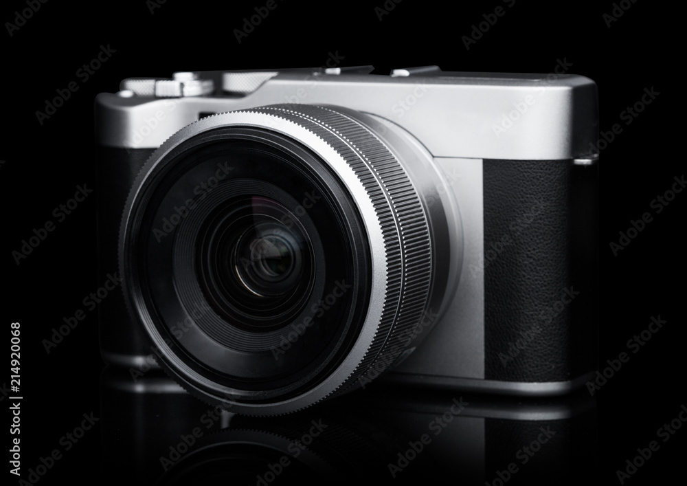 Digital DSLR photo camera with black leather grip