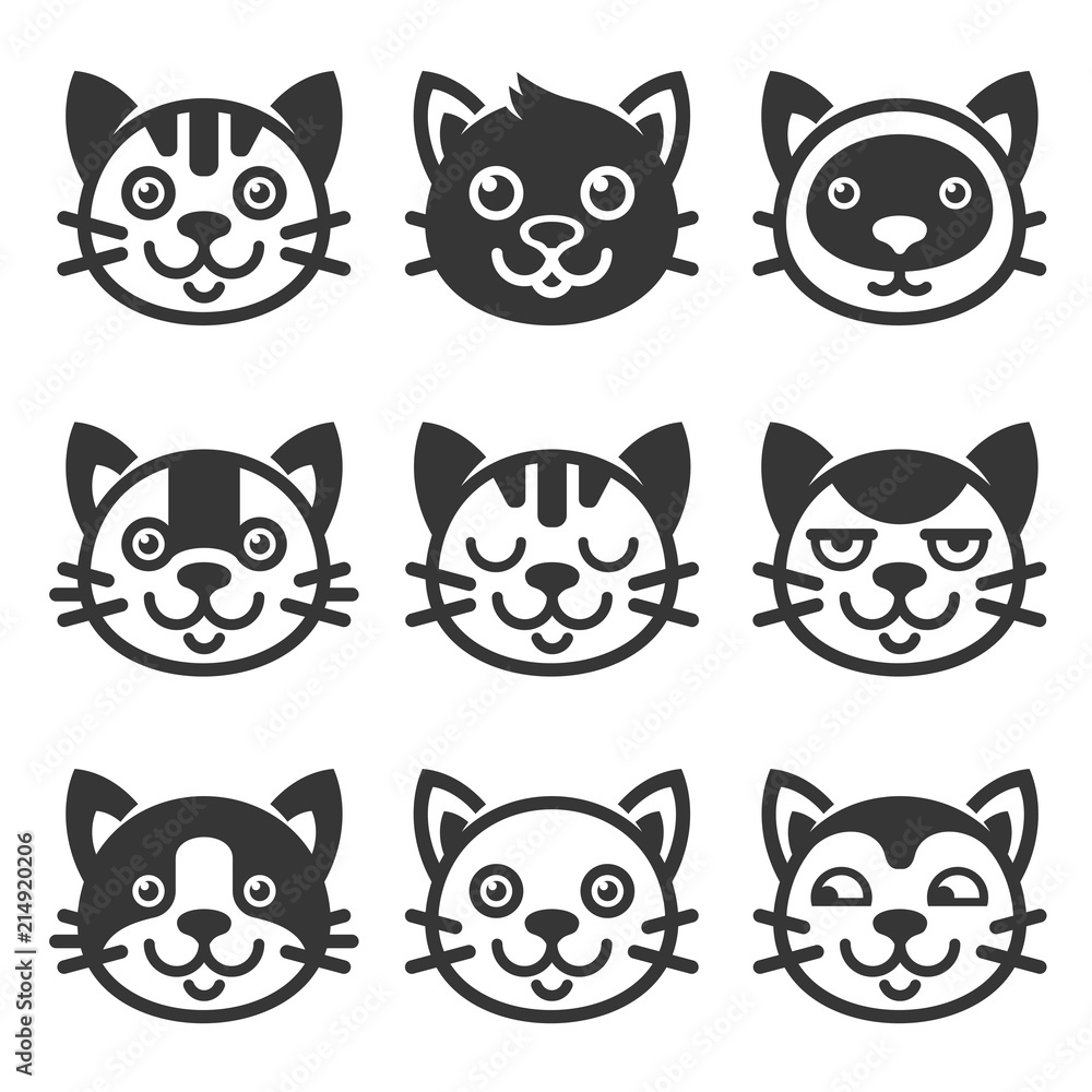 Cat Cartoon Face Icon Set. Vector