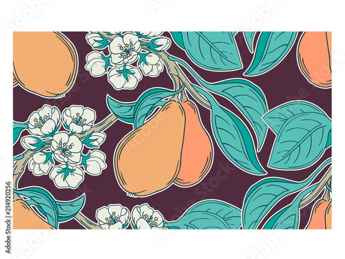 Pear tree garden seamless pattern
