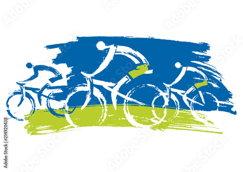 Cyclists biking outdoors.
Grunge Stylized illustration of three cyclists. Isolated on white background. Vector available. 