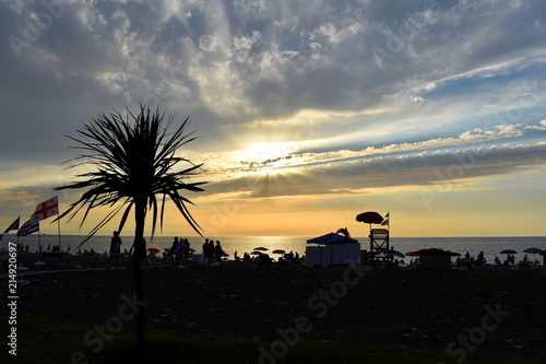 Beautiful sunset over the Black sea. Beach with palm trees in Batumi, Georgia
