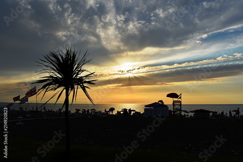 Beautiful sunset over the Black sea. Beach with palm trees in Batumi, Georgia