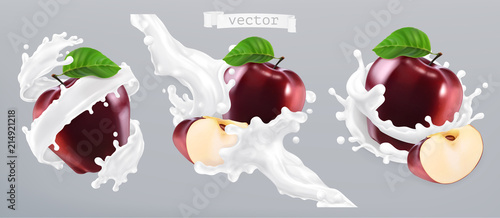 Apple and milk splash, yogurt. 3d realistic vector icon