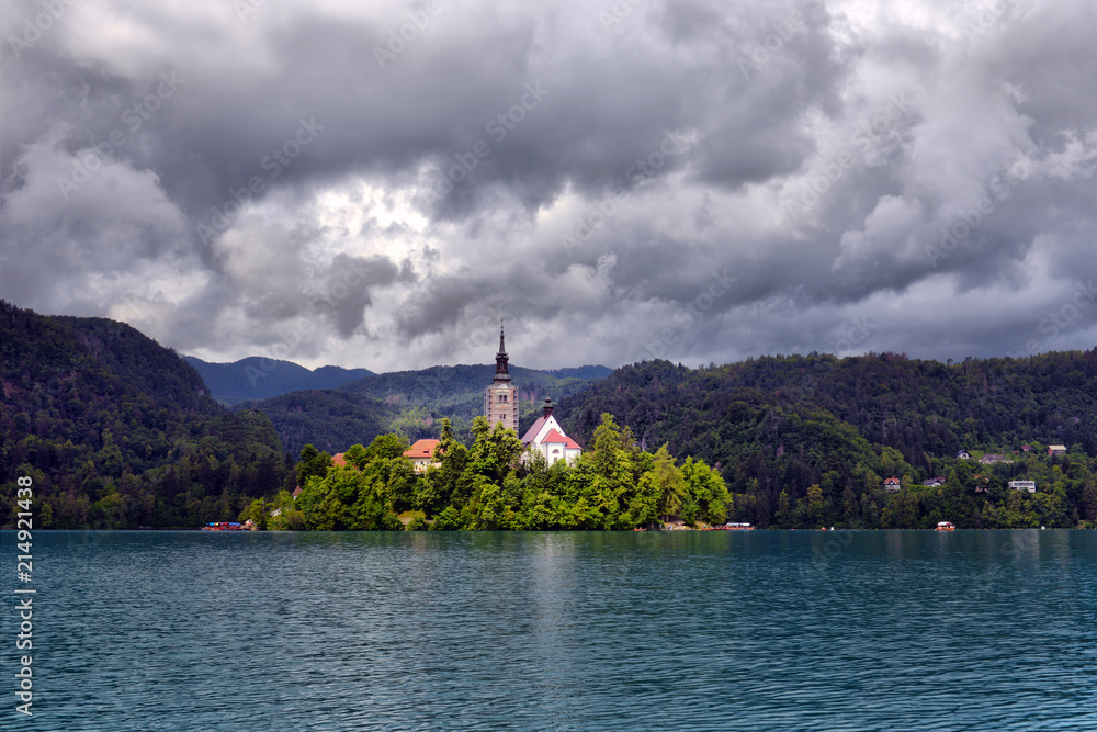 Lake Bled with St. Marys Church of Assumption on small island. Bled Slovenia Europe.