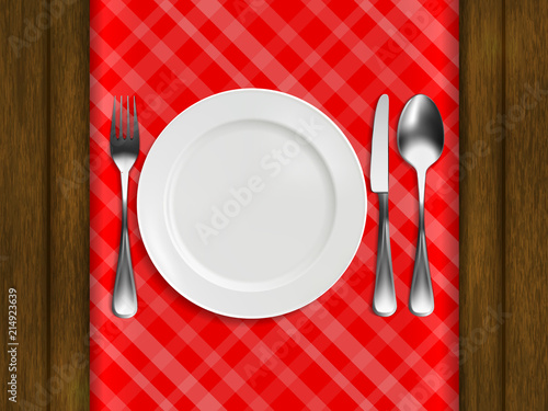 Plate, fork, spoon and knife on a red checkered tablecloth, lie on a wooden table. realistic style. vector illustration.