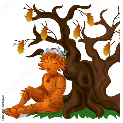 Wooden statue of a boy in an ethnic Russian costume, sitting near a dry oak isolated on white background. Vector cartoon close-up illustration.