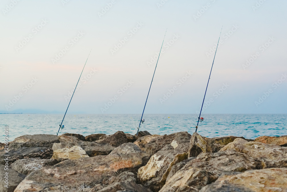 Fishing rods fixed to the rocks near the sea coast without fishermen