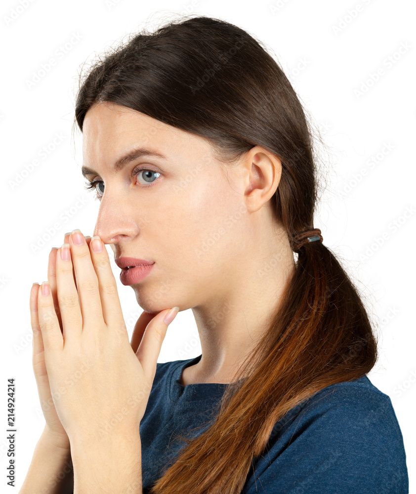 Closeup portrait of sad woman. Isolated on white. Closeup portrait of sad woman. Isolated on white.