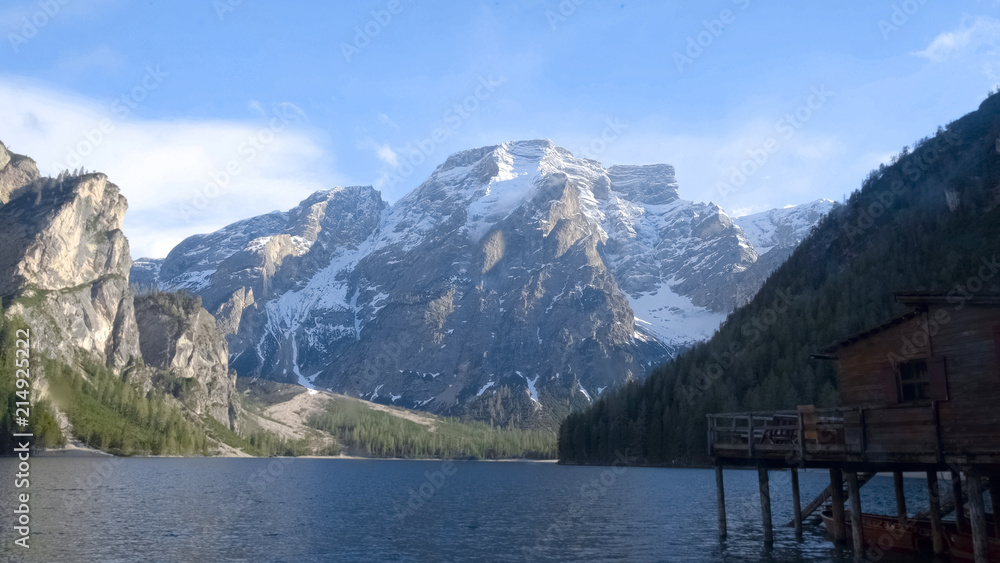 Dolomites around lake Braies in Italy, beautiful mountain landscape, nature