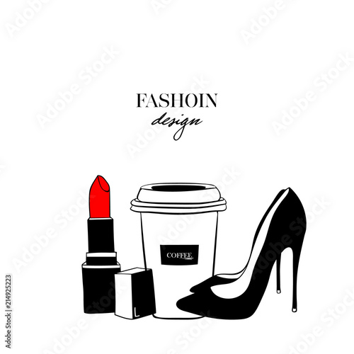 Fashion set design with a picture of shoes, glasses, cup of coffee on a white background with the inscription Fashion design. Fashion beauty logo template design