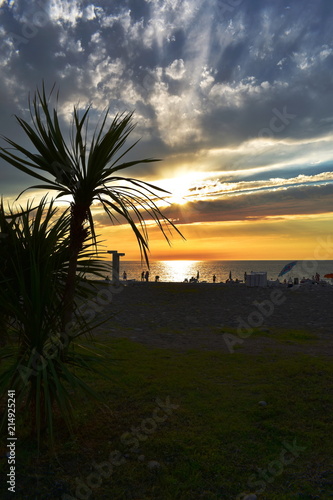Beautiful sunset over the Black sea. Beach with palm trees in Batumi, Georgia