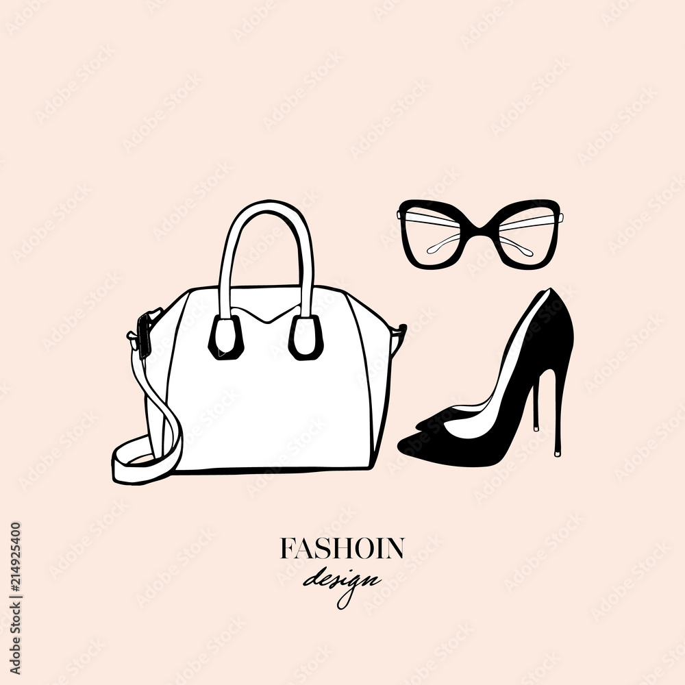 Vecteur Stock Women s accessories poster. Bag black high heeled ladies shoes glasses. Fashion design card on beige background. Drawn Doodle Fashion Accessory. Perfect for logo poster print. Vector Ill...