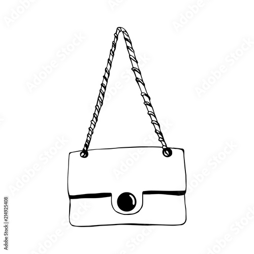 Woman bag hand drawn, female stylish purse vector fashion illustration black on white line. Ink hand drawn picture sign sketch in art doodle style. Perfect for logo, invitation, greeting card, poster