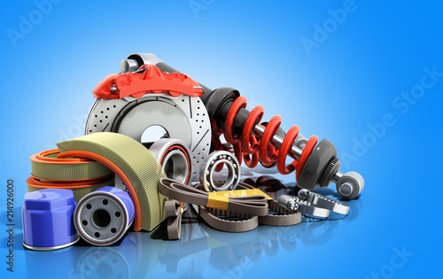 Foto concept of vehicle maintenance automotive supplies 3d render on a blue backgroun