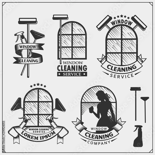 Set of cleaning service emblems with beautiful young maid. Clining badges, labels and design elements. Vintage style.