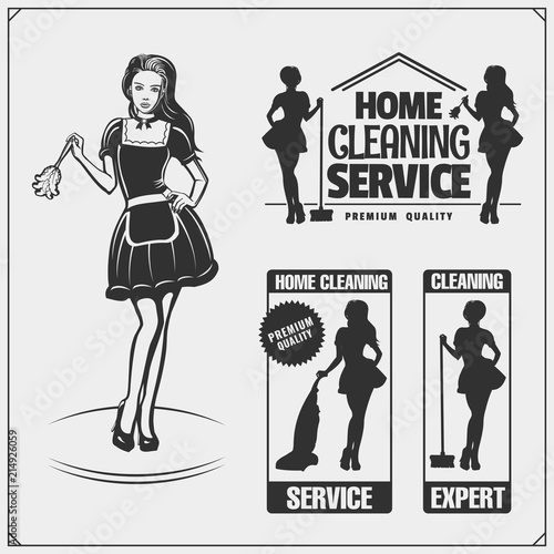 Set of cleaning service emblems with beautiful young maid. Clining badges, labels and design elements. Vintage style.