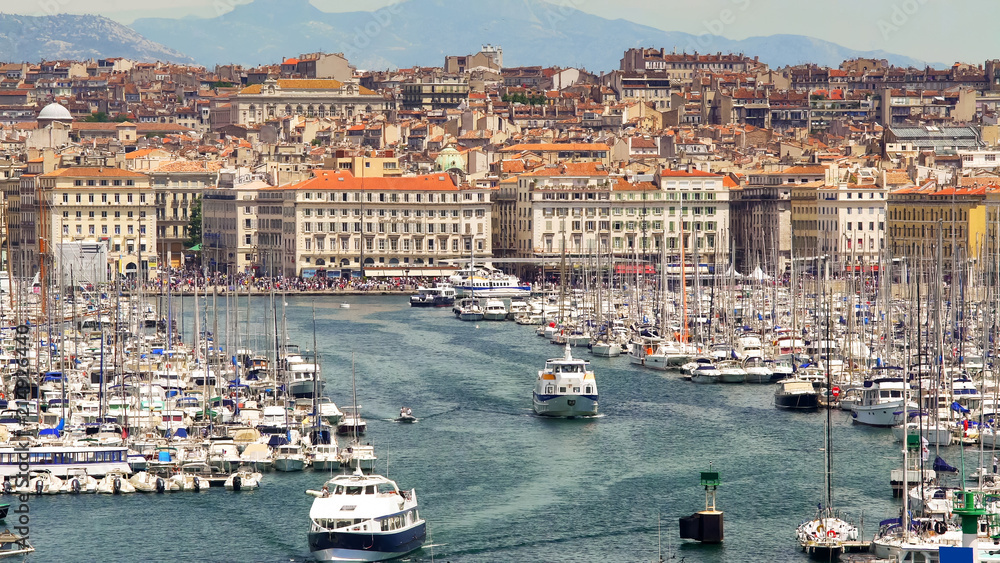 Luxury yachts in old port of Marseille, France, sea voyages in holiday season