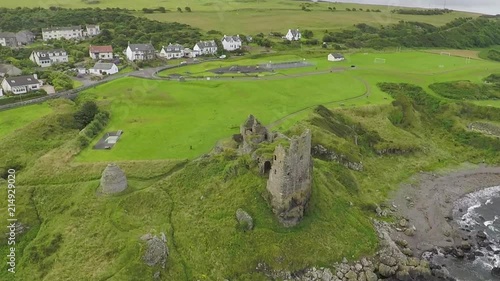 Stunning aerial shot view of Dunure Castle, South Ayrshire, Scotland. photo