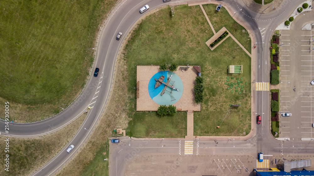 Top down view of playground with pirate ship