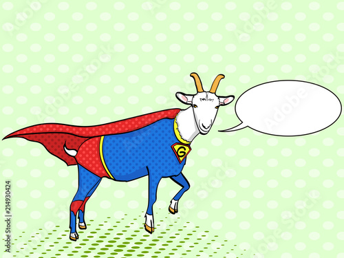 Pop art background. Flies Goat Animal Dressed As Superhero With clothes Vigilante Character. Comic style, vector text, bubble