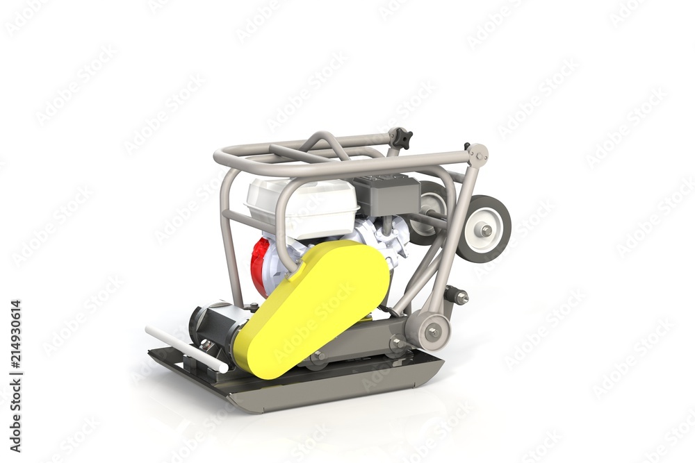 3D modeling of a construction vibration plate with a two-stroke internal combustion engine. 3D modeling of a construction vibration plate with a two-stroke internal combustion engine.