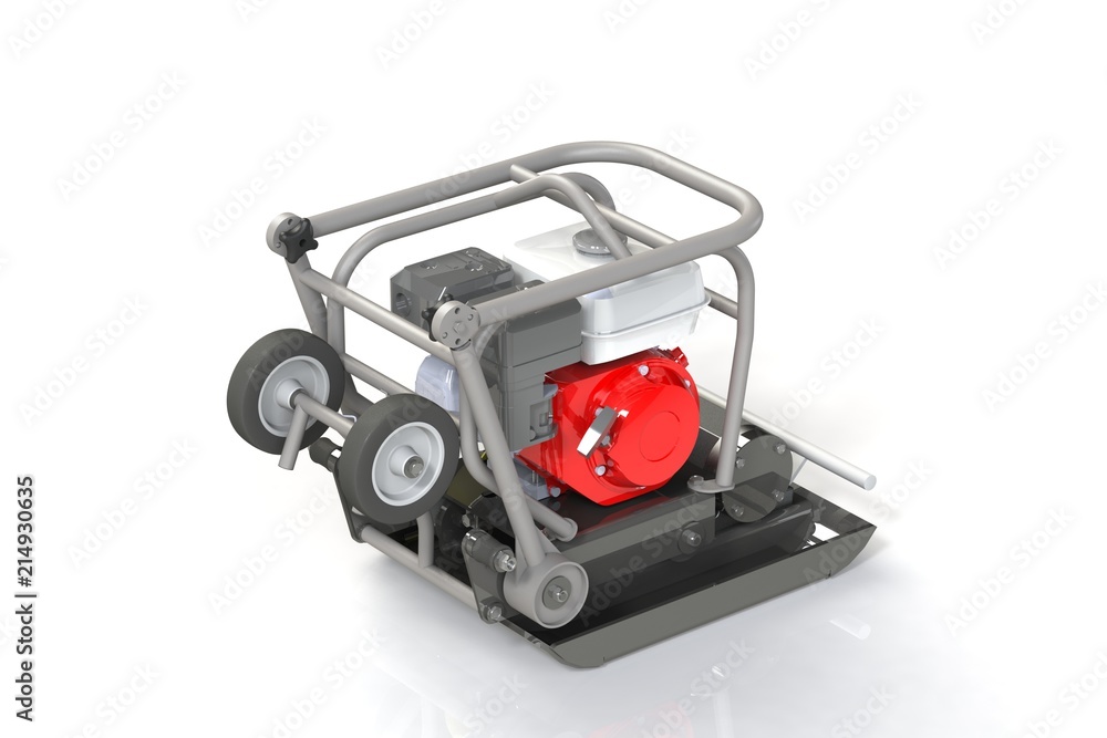 3D modeling of a construction vibration plate with a two-stroke internal combustion engine. 3D modeling of a construction vibration plate with a two-stroke internal combustion engine.
