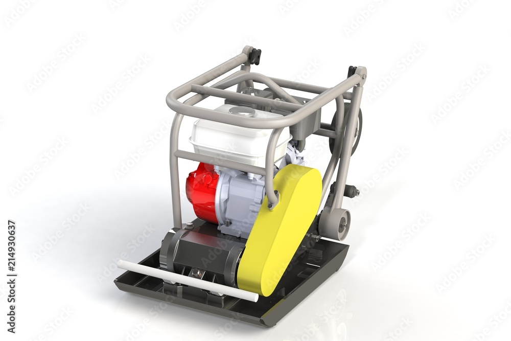 3D modeling of a construction vibration plate with a two-stroke internal combustion engine. 3D modeling of a construction vibration plate with a two-stroke internal combustion engine.
