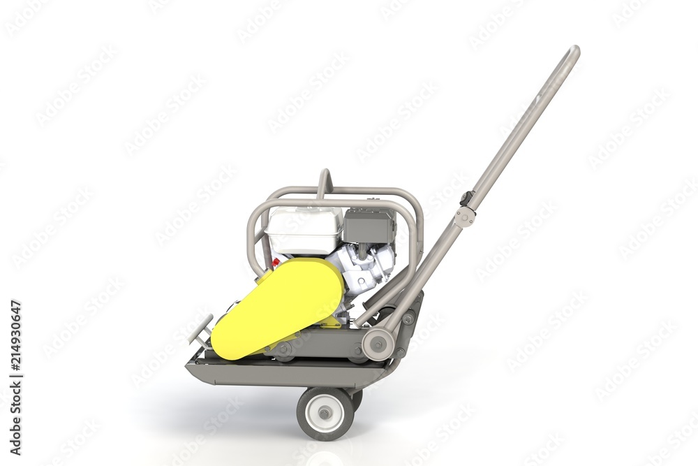 3D modeling of a construction vibration plate with a two-stroke internal combustion engine. 3D modeling of a construction vibration plate with a two-stroke internal combustion engine.
