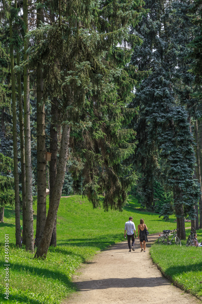 A walking people in Skaryszewski Park in Warsaw, Praga Poludnie district