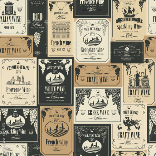 Vector seamless pattern on the theme of wine with various wine labels with images of grapes, landscapes, winery, castles, sailboats, fruits and other in retro style