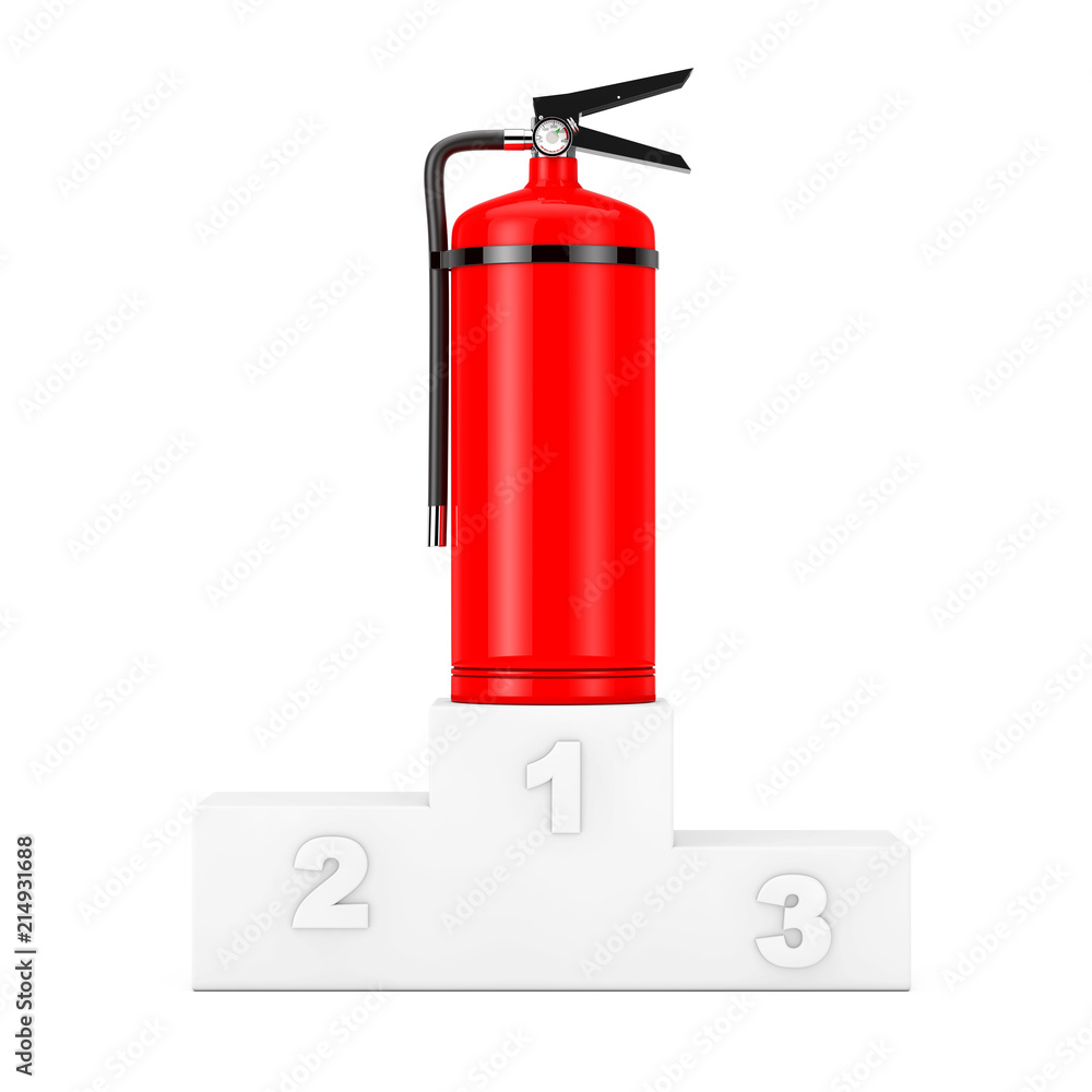 Red Fire Extinguisher over White Winners Podium. 3d Rendering Red Fire Extinguisher over White Winners Podium. 3d Rendering