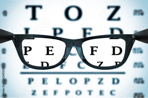 Fototapeta Naklejka Na Ścianę i Meble -  Eye Chart or Sight Test Seen Through Eye Glasses. 3d Rendering