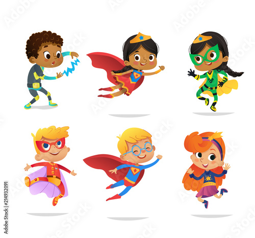 Multiracial Boys and Girls, wearing colorful costumes of various superheroes, isolated on white background. Cartoon vector characters of Kid Superheroes, for party, invitations, web, mascot