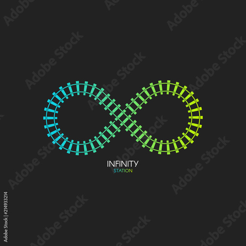 Train track, infinity shape. Railroad loop logo, railway simple icon, rail track direction, vector illustrations on black backgroud, colorful stairs, subway stations map, infographic elements