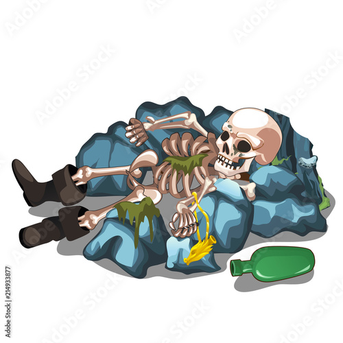 Skeletal corpse of a man lying on the stones isolated on white background. The skeleton of a human. Vector cartoon close-up illustration.
