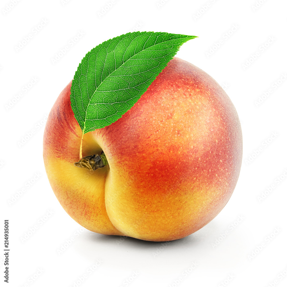Fototapeta Isolated peach. One fresh peach or apricot fruit with leaves isolated on white background