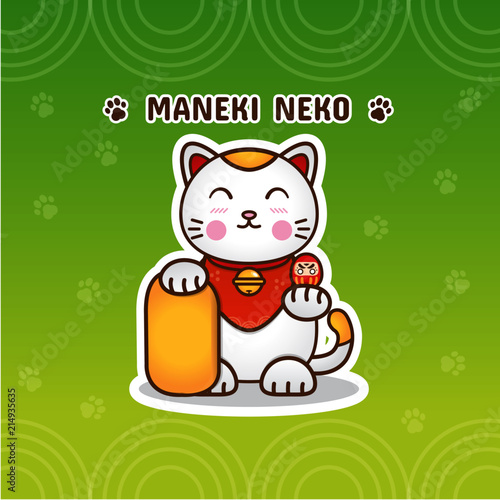 Vector gradient flat Illustration, White Maneki Neko and background	