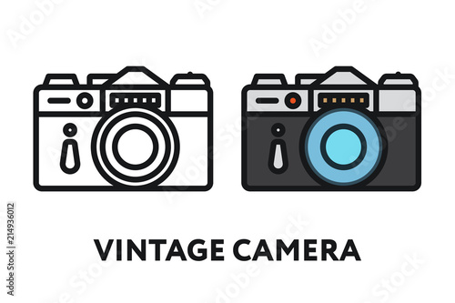 Vintage Antique Photo Film Camera. Photography Equipment Concept. Minimal Color Flat Line Outline Stroke Icon.