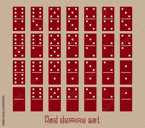 Realistic Dominoes full set 28 flat pieces for game . Red collection. Abstract concept graphic element, domino effect gaming icons set.
