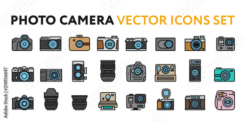 Photo Film Camera Models and Lens. Photography Equipment Concept. Minimal Color Flat Line Outline Stroke Icon Set.